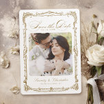 Gold Vintage Frame Classic Script Photo Wedding Save The Date<br><div class="desc">This elegant save the date card features couple's photo,  classic script and ornate vintage frame in gold colour,  simple and timeless,  great for modern classic wedding,  romantic vintage wedding,  and formal traditional wedding. 
See all the matching pieces in collection</div>