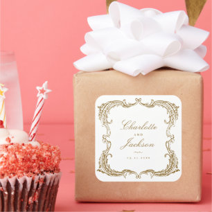 Gold Vintage Frame Classic Script Wedding Favours Square Sticker