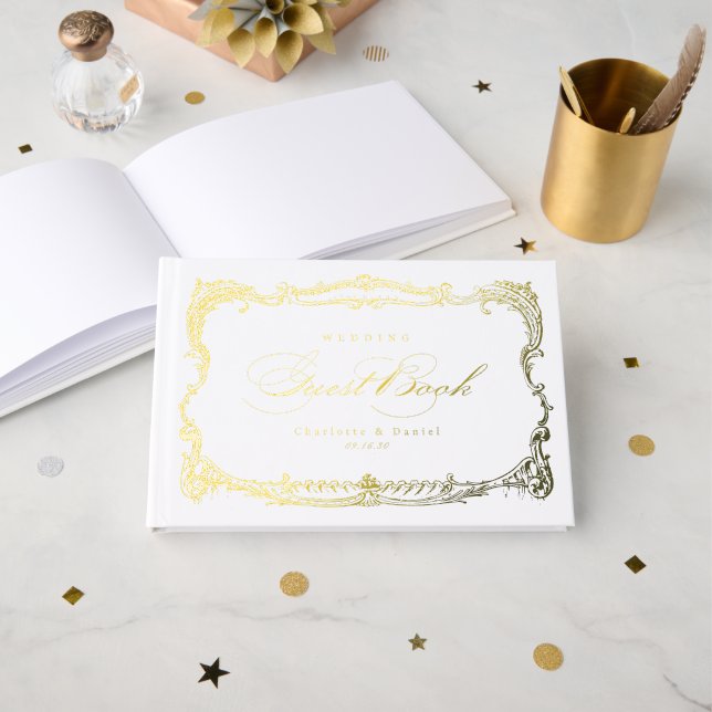 Gold Vintage Frame Classic Script wedding Guest Book (Front Open)