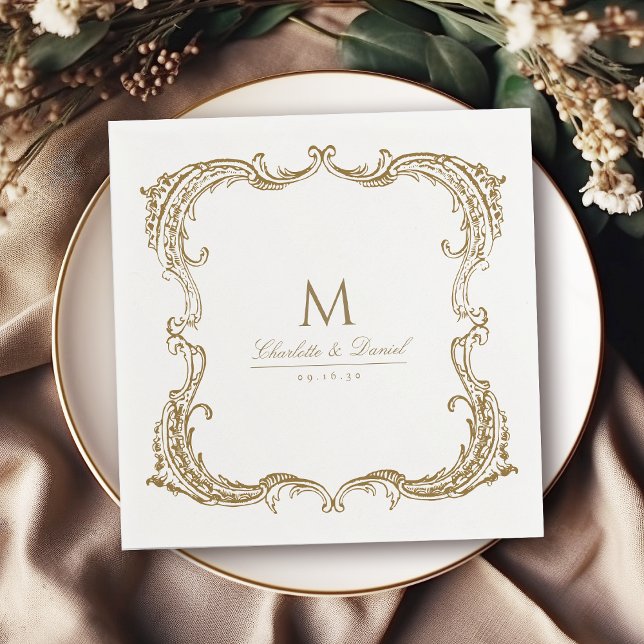 Gold Vintage Frame Classic Script Wedding Napkin (Gold Vintage Frame Classic Script Wedding Napkins)