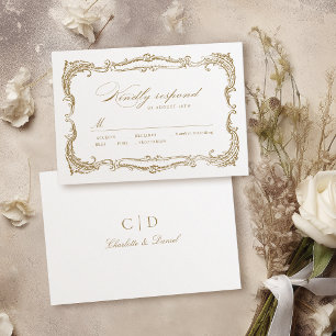 Gold Vintage Frame Classic Script Wedding RSVP Card