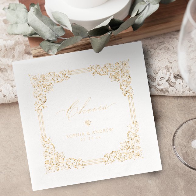 Gold Vintage Frame Elegant Cheers Wedding Foil Napkins (Gold Vintage Frame Elegant Cheers Wedding Foil Napkins)
