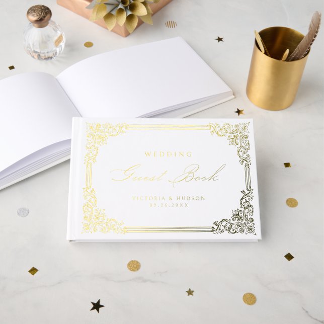 Gold Vintage Frame Elegant Script Wedding Guest Book (Front Open)