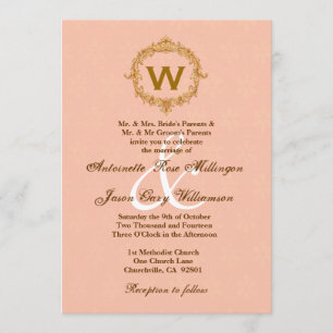 Gold Vintage Frame Peach Monogram Wedding Invitation