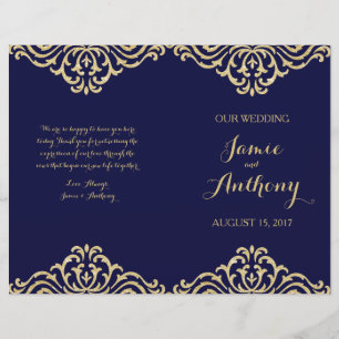 Gold Vintage Glamour Navy Fold Wedding Program