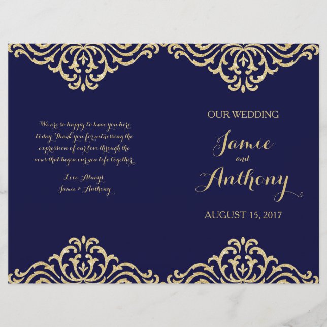 Gold Vintage Glamour Navy Fold Wedding Program (Front)
