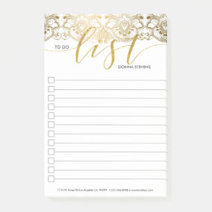 Gold vintage lace & list typography post-it notes