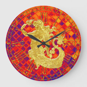 Gold Vintage Mermaid Sunset Sea Glass Large Clock