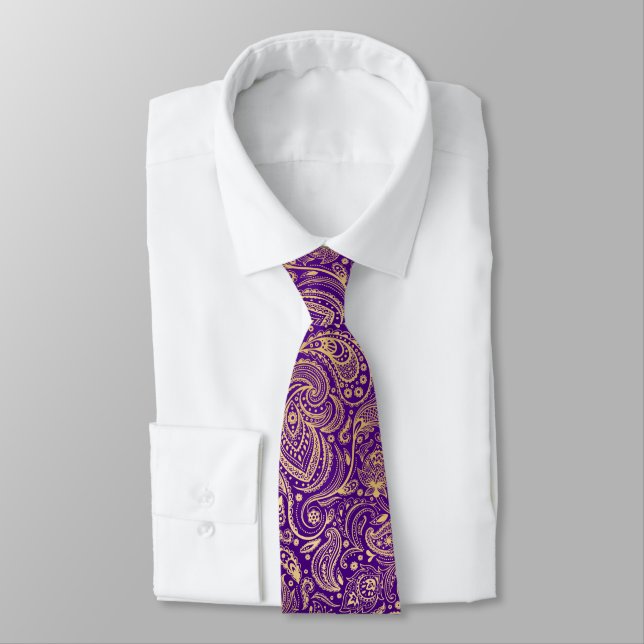 Gold Vintage Paisley Custom Purple Background Tie (Tied)