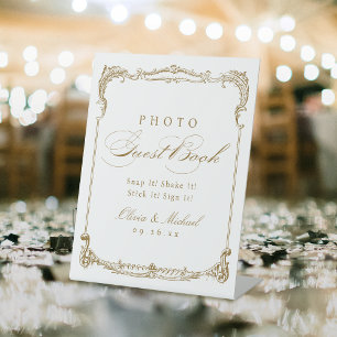 Gold Vintage Script Wedding Photo Guest Book Pedestal Sign