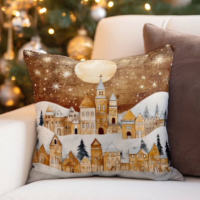 Gold Vintage Snow Covered Village Cushion (Elegant gold and white snow-covered village Christmas pillow)