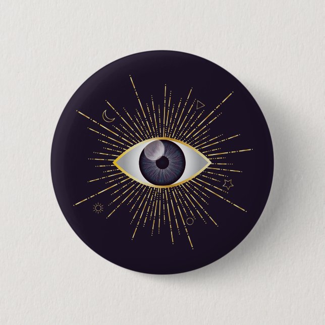 Gold & Violet Mystic Evil Eye Nazar Mati 6 Cm Round Badge (Front)