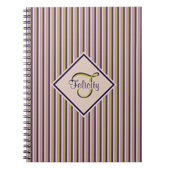 Gold, Violet, Purple & Pink Stripes Monogram Notebook (Front)
