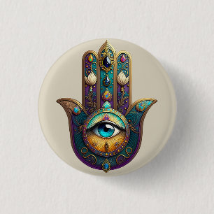 Gold Violet Teal Hamsa w/ Turquoise Third Eye 3 Cm Round Badge