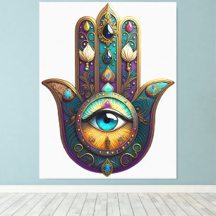 Gold Violet Teal Hamsa w/ Turquoise Third Eye Canvas Print