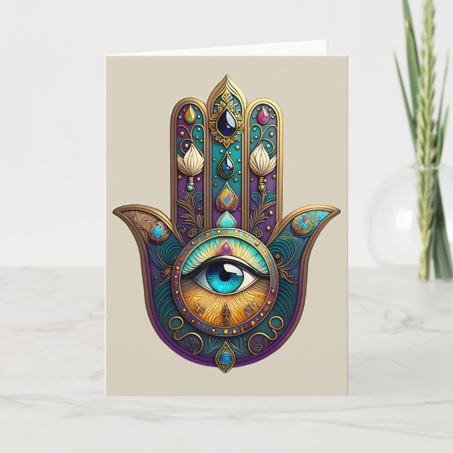 Gold Violet Teal Hamsa w/ Turquoise Third Eye Card (Front)