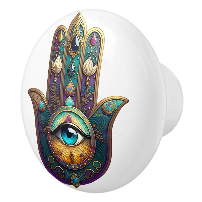 Gold Violet Teal Hamsa w/ Turquoise Third Eye Ceramic Knob (Right)