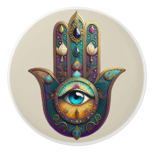 Gold Violet Teal Hamsa w/ Turquoise Third Eye Ceramic Knob