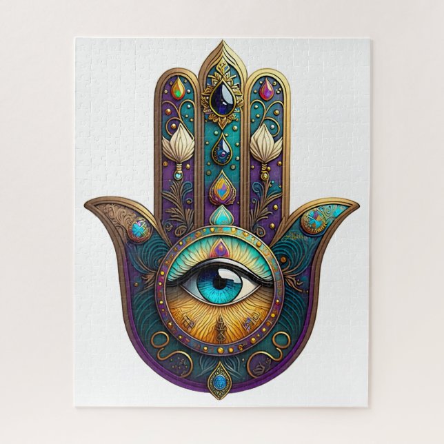 Gold Violet Teal Hamsa w/ Turquoise Third Eye Jigsaw Puzzle (Vertical)