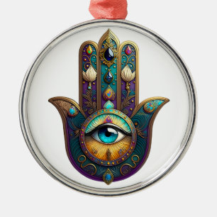 Gold Violet Teal Hamsa w/ Turquoise Third Eye Metal Tree Decoration