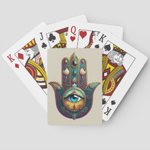 Gold Violet Teal Hamsa w/ Turquoise Third Eye Playing Cards