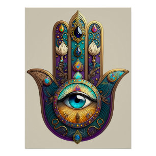 Gold Violet Teal Hamsa w/ Turquoise Third Eye Poster