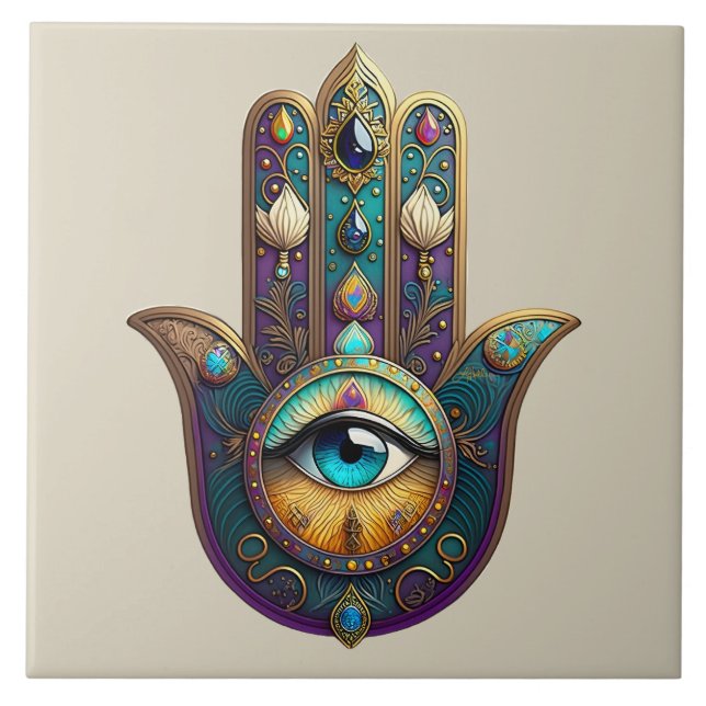 Gold Violet Teal Hamsa w/ Turquoise Third Eye Tile (Front)
