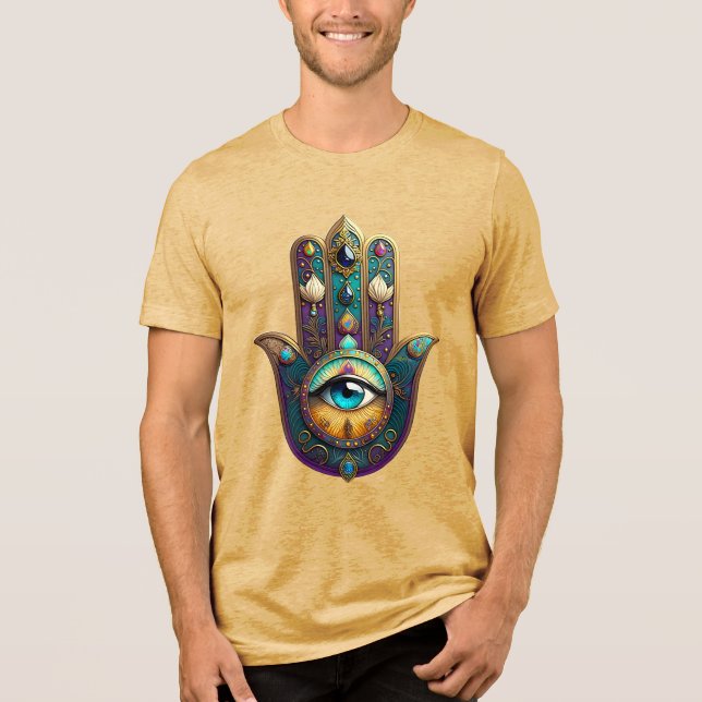 Gold Violet Teal Hamsa w/ Turquoise Third Eye Tri-Blend Shirt (Front)