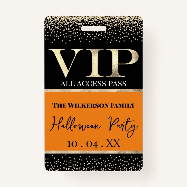 Gold VIP on Orange and Black Halloween Party ID Badge (Front)