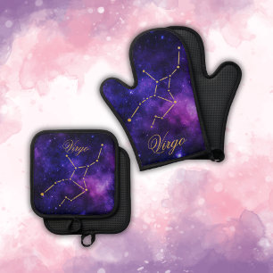 Gold Virgo Constellation on Dark Galaxy Oven Mitt & Pot Holder Set