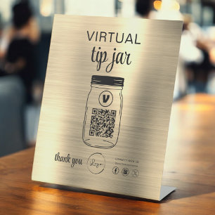 Gold Virtual Tip Jar QR Code Logo White Pedestal Sign