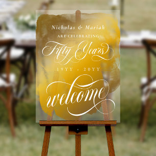 Gold Watercolor 50th Wedding Anniversary Welcome Acrylic Sign