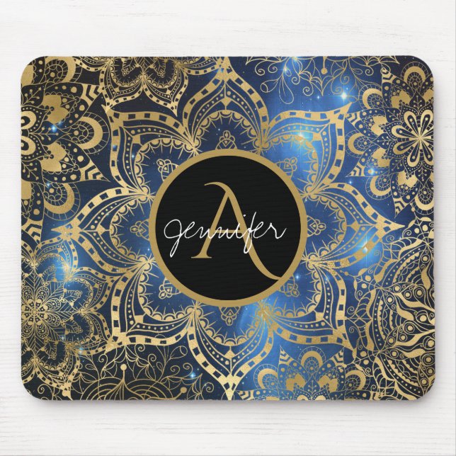Gold watercolor and nebula mandala Blue Monogram Mouse Pad (Front)