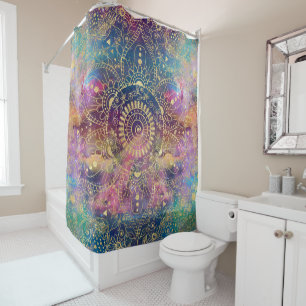 Gold watercolor and nebula mandala shower curtain