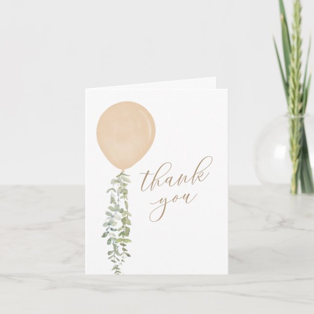 Gold Watercolor Balloon Eucalyptus Baby Shower Thank You Card (Front)