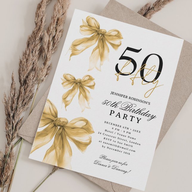 Gold Watercolor Coquette Bow 50th Birthday Party Invitation (Gold Watercolor Coquette Bow 50th Birthday Party Invitation)