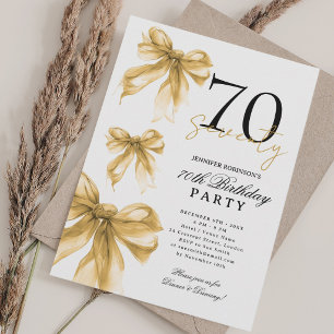 Gold Watercolor Coquette Bow 70th Birthday Party Invitation