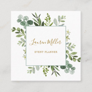 Gold   Watercolor Eucalyptus Green Foliage Square Business Card