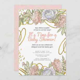 Gold Watercolor Floral & Greenery Girl Baby Shower Invitation