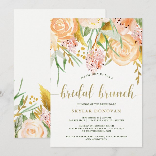 Gold Watercolor Floral on White | Bridal Brunch Invitation (Front/Back)