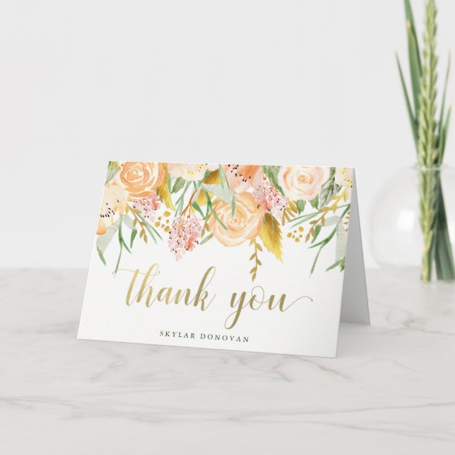 Gold Watercolor Floral on White | Thank You Card (Front)