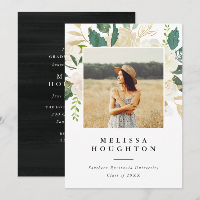 Gold & Watercolor Flowers Photo Graduation Party Invitation (Front/Back)