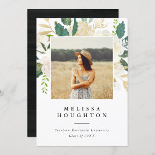 Gold & Watercolor Flowers Photo Graduation Party Invitation