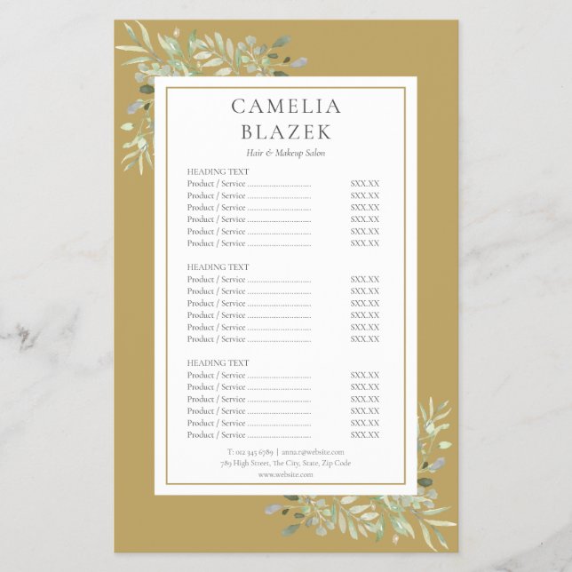 Gold Watercolor Greenery Salon Service Menu (Front)