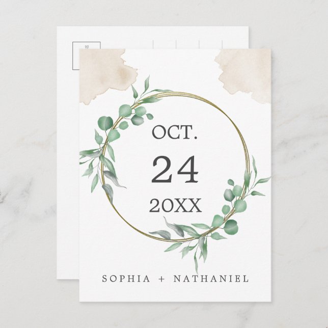 Gold Watercolor Greenery Save the Date Postcard (Front/Back)