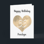 Gold Watercolor Heart 33rd Birthday Card<br><div class="desc">A personalised watercolor gold heart 33rd birthday card for her. You will be able to easily personalise the front with her name. The inside card message and back of the card can also be personalise. This personalised 33rd birthday card would make a great card keepsake for daughter, wife, sister, etc....</div>