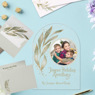 Gold Watercolor Leaves Joyous Holiday Acrylic Card Acrylic Invitations