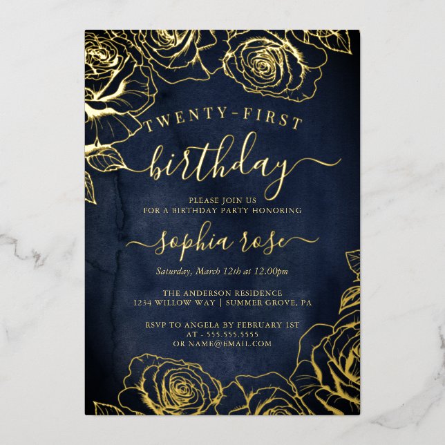 Gold Watercolor Navy Foil Rose 21st Birthday  (Front)