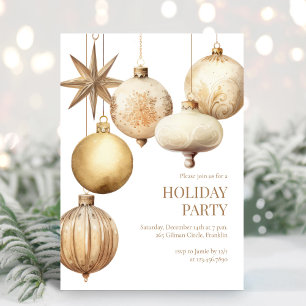 Gold Watercolor Ornaments Holiday Christmas Party Invitation