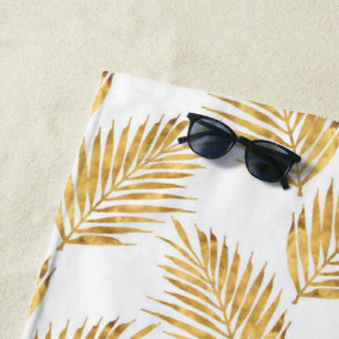 Gold Watercolor Palm Fronds Pattern Beach Towel